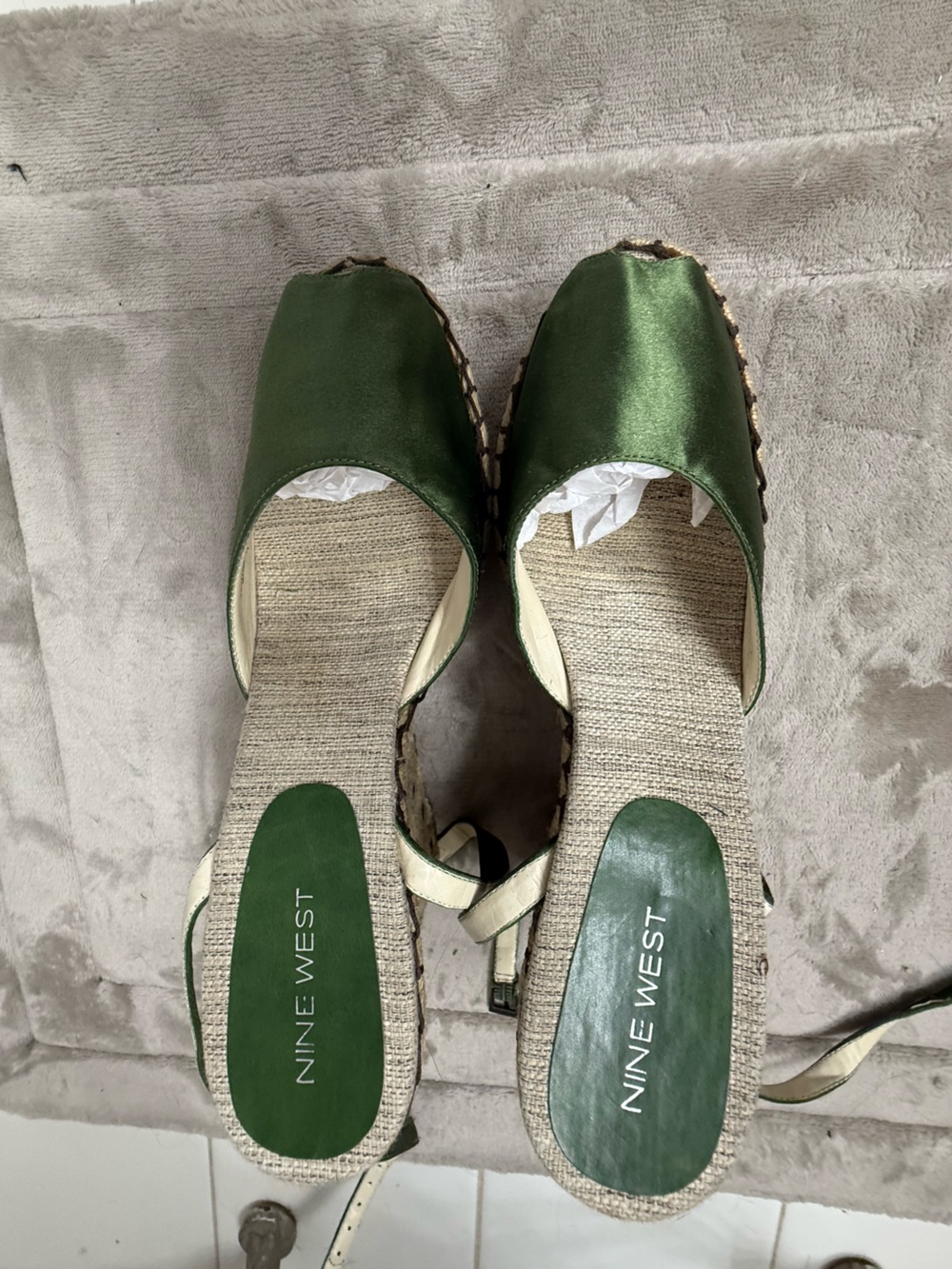 Nine West Green Satin Espadrille Wedges with Slingback